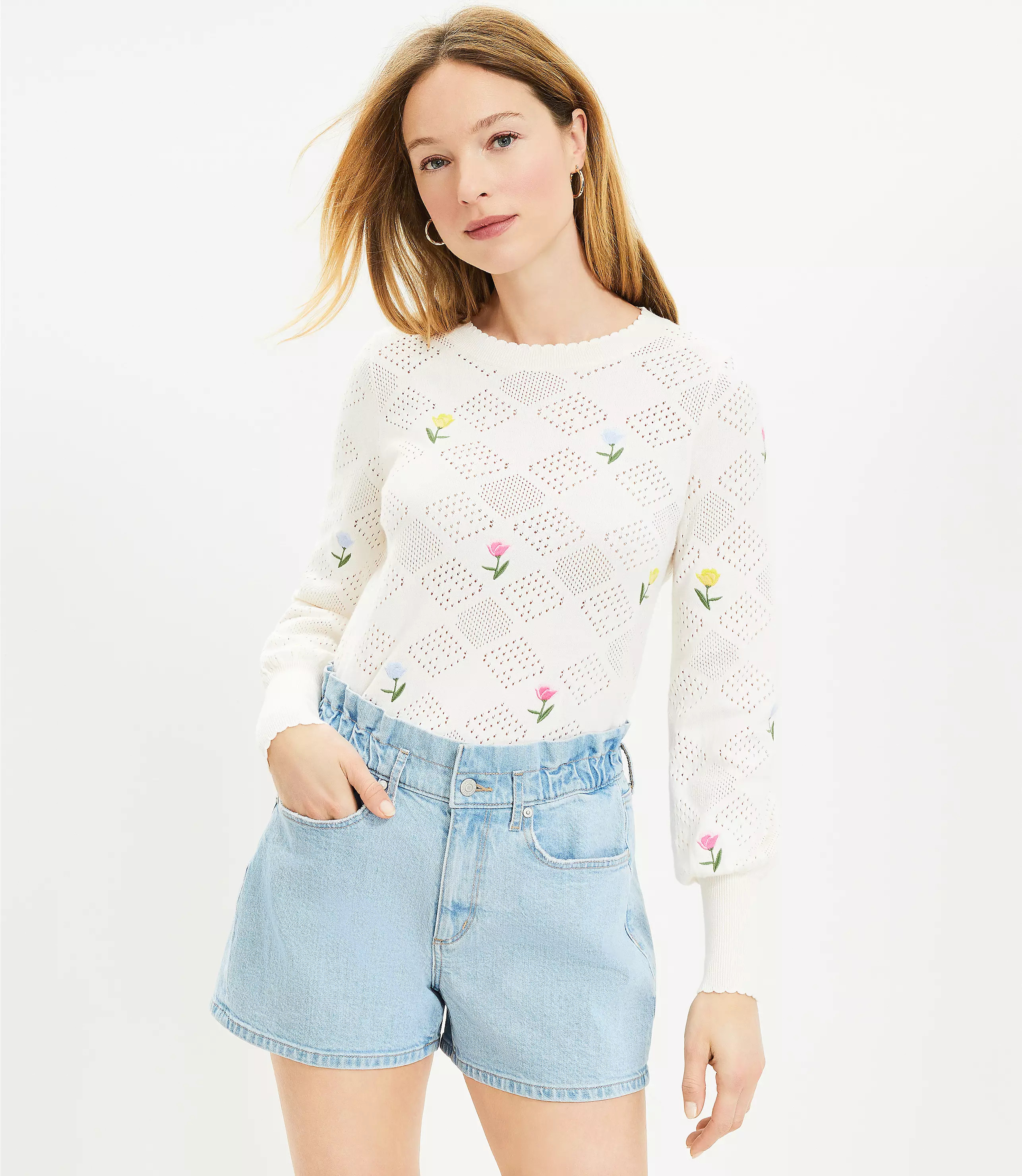 Petite High Rise Paperbag Pull On Denim Shorts in Vivid Light Indigo Wash | LOFT