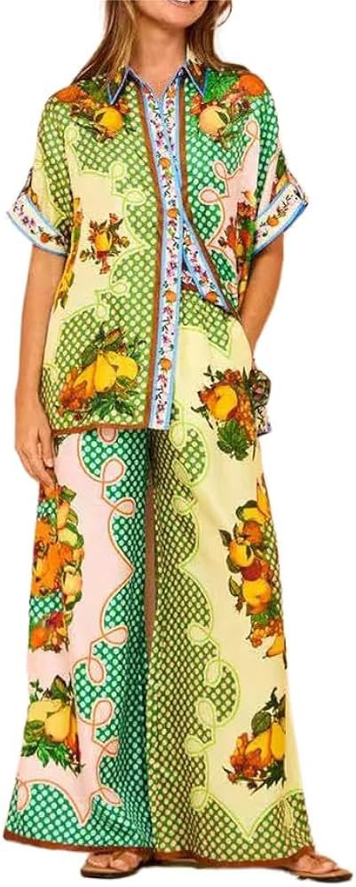 Melliflo Women's Graffiti Print 2 Piece Pajama Set Short Sleeve Button Down Graffiti Shirts Draws... | Amazon (US)