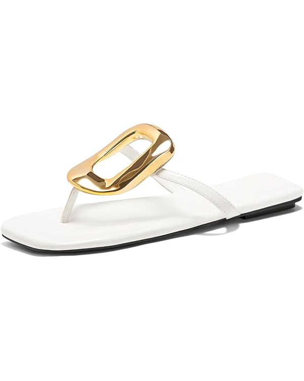 Coutgo Womens Flat Sandals Comfortable Flip Flops Slide Sandals Summer Beach Shoes with Metal Dec... | Amazon (US)