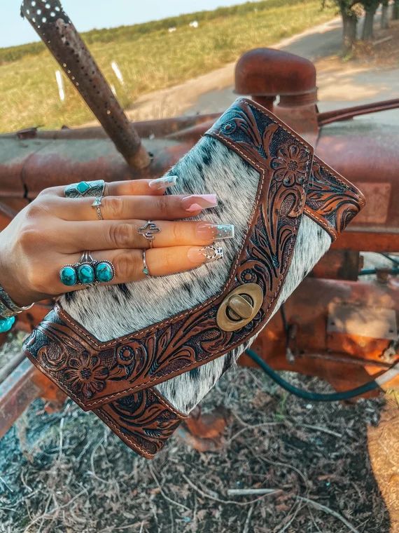 Myra Genuine Leather and Hair on Hand Tooled Large Wallet | Etsy | Etsy (US)