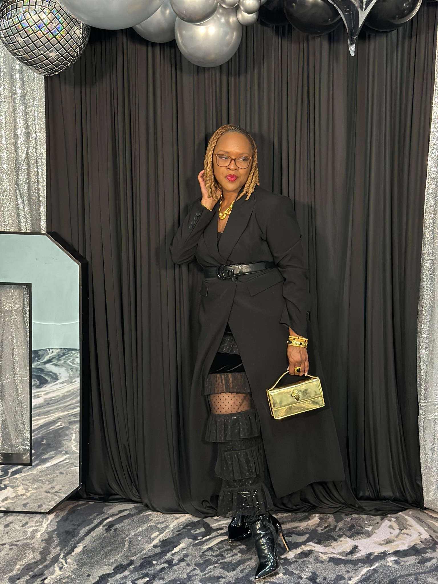 Black and Gold holiday outfit 
Two dresses 
Black boots 
Gold purse
Gold jewelry 

#LTKootd #LTKHoliday #LTKdayinmylife