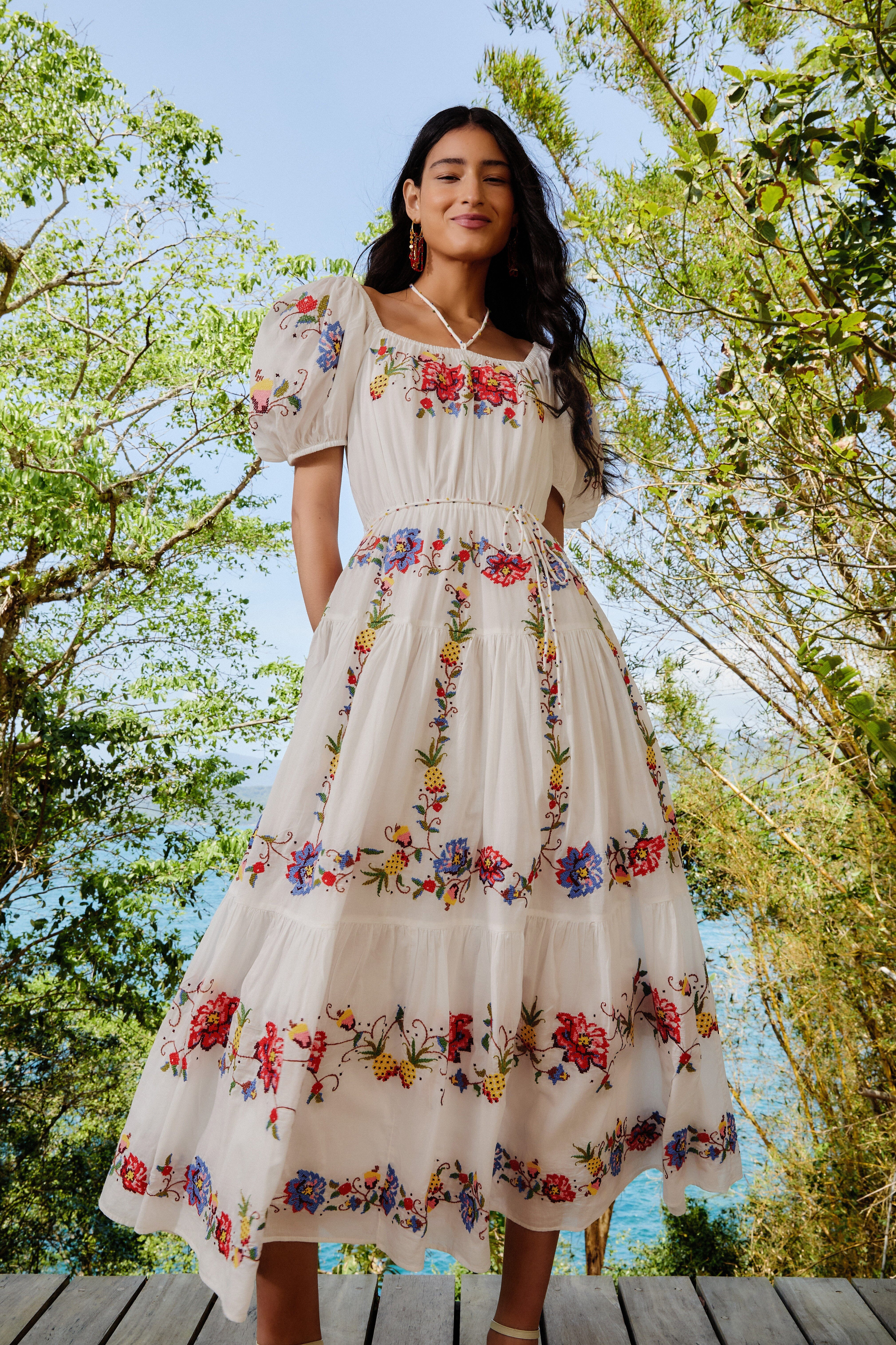 Off-White Tropical Porcelain Embroidered Maxi Dress | FarmRio (US)