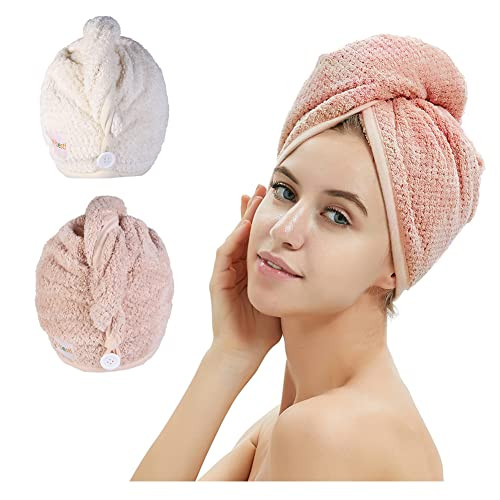 2 Pack Hair Towel Wrap,Hair Drying Towel with Button, Microfiber Hair Towel, Dry Hair Hat, Bath Hair | Amazon (US)