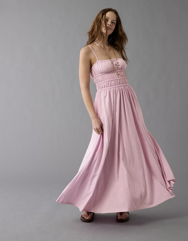 AE Sunchaser Knit Smocked Bodice Midi Dress | American Eagle Outfitters (US & CA)