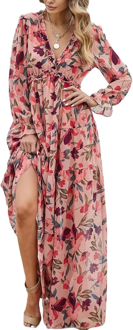Bowanadacles Women Floral Print Tiered Maxi Dress Puff Sleeve V Neck Smoked Dress Boho Flowy Beach L | Amazon (US)