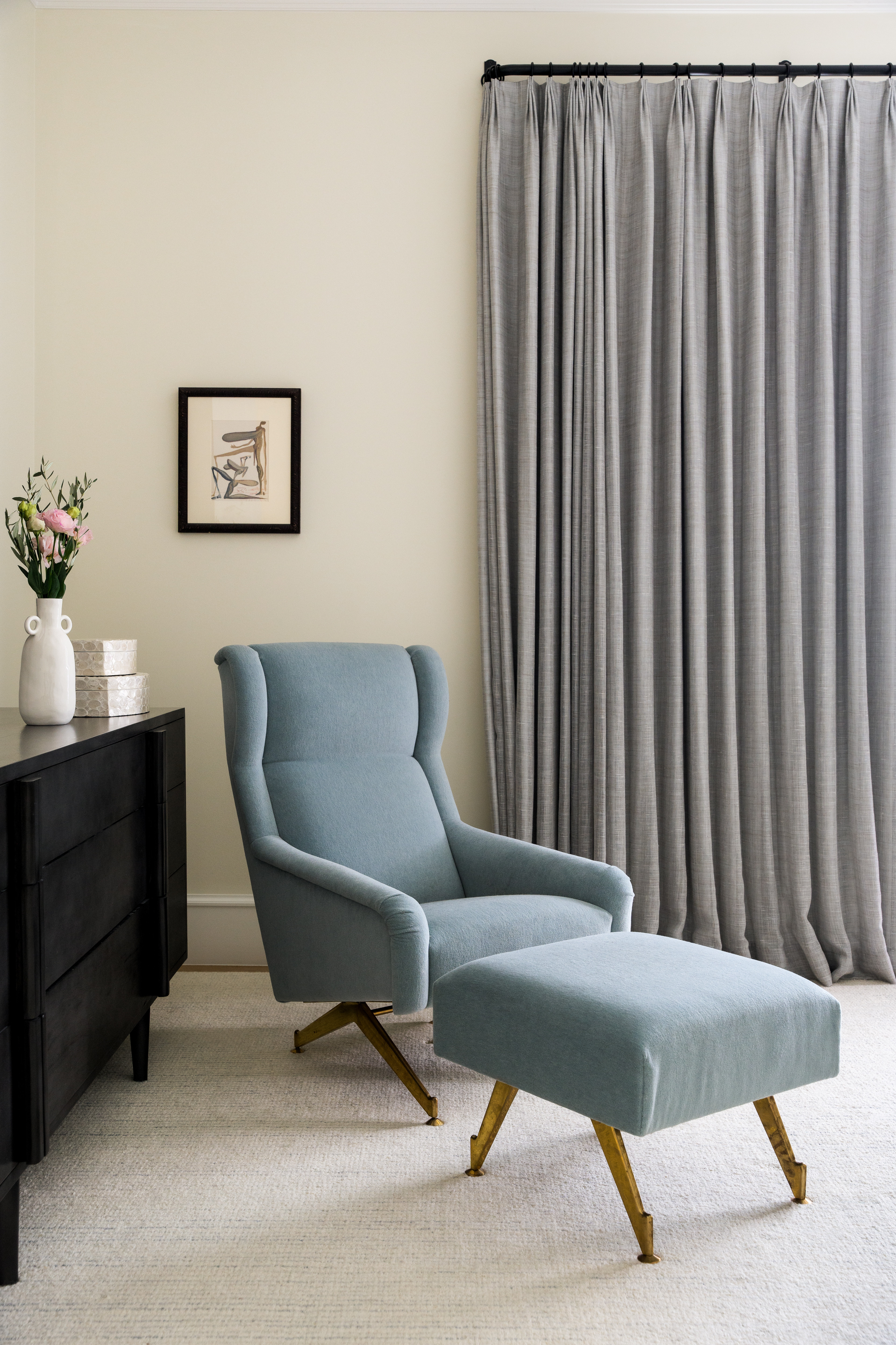 So much depends upon a perfectly placed chaise 🩵 We're loving this soft blue and gray palette for this corner of a beautiful master bedroom. Perfect for taking shelter from the cold December days! 

 #LTKHoliday #LTKSeasonal #LTKHome