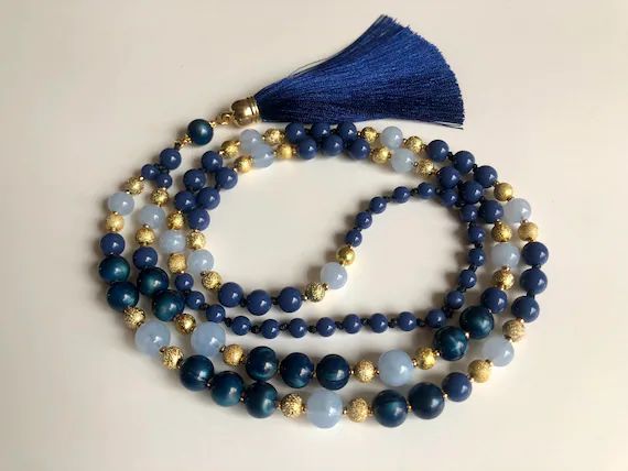 Dark Blue Necklace With Tassel Hand Beaded Necklace Long | Etsy Australia | Etsy (AU)
