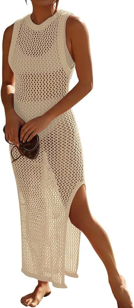 Eddoyee Crochet Cover Up for Women Hollow Out Sleeveless Bathing Suit Cover Ups Side Split Long S... | Amazon (US)