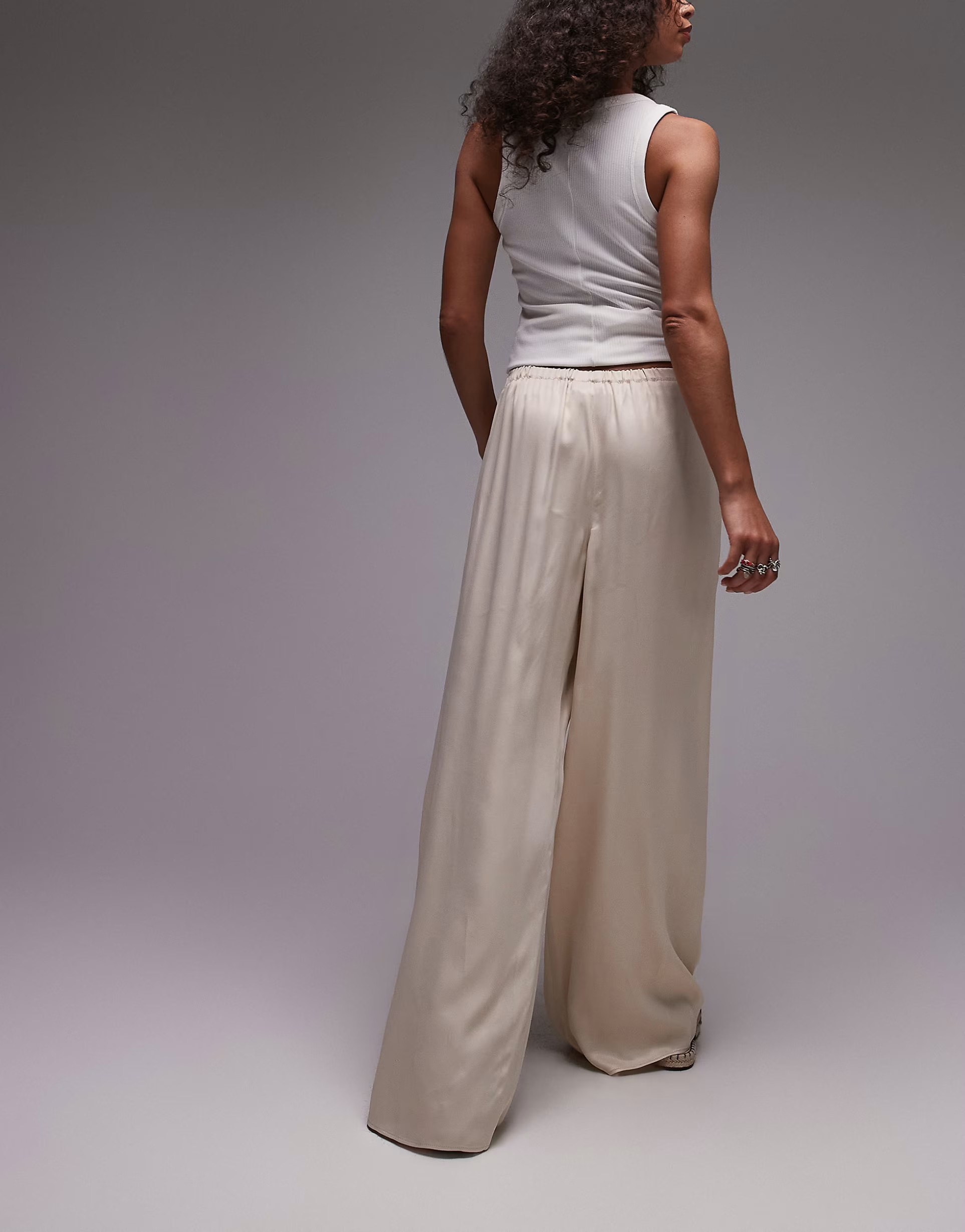 Topshop satin tie waist wide leg trouser in ecru | ASOS | ASOS (Global)