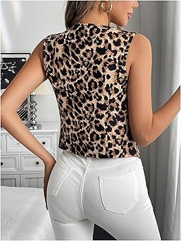 WDIRARA Women's Leopard Button Down Split Vest Tops Dressy Casual V Neck Sleeveless Tank Tops | Amazon (US)