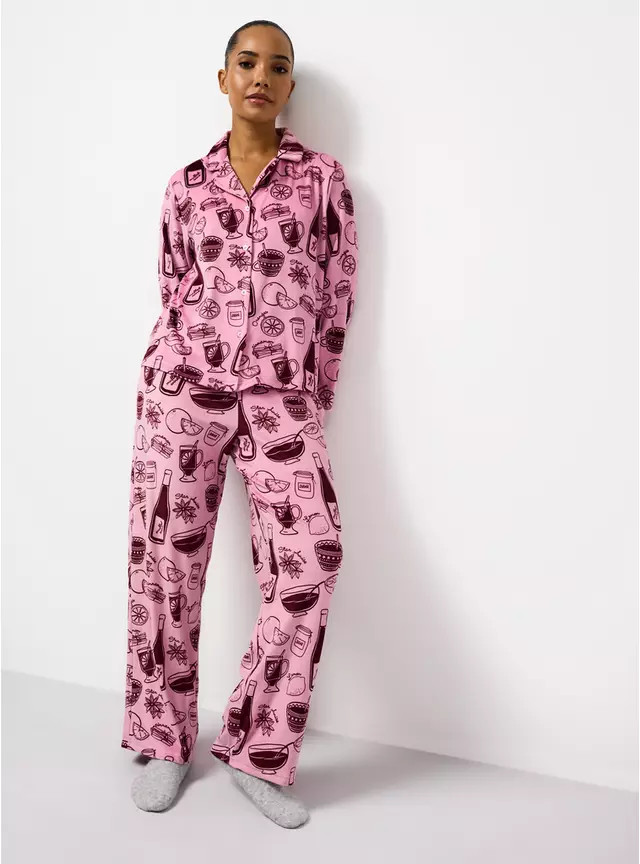 Women's Christmas Pink Mulled Wine Printed Slinky Fleece Pyjamas XL | Tu Clothing
