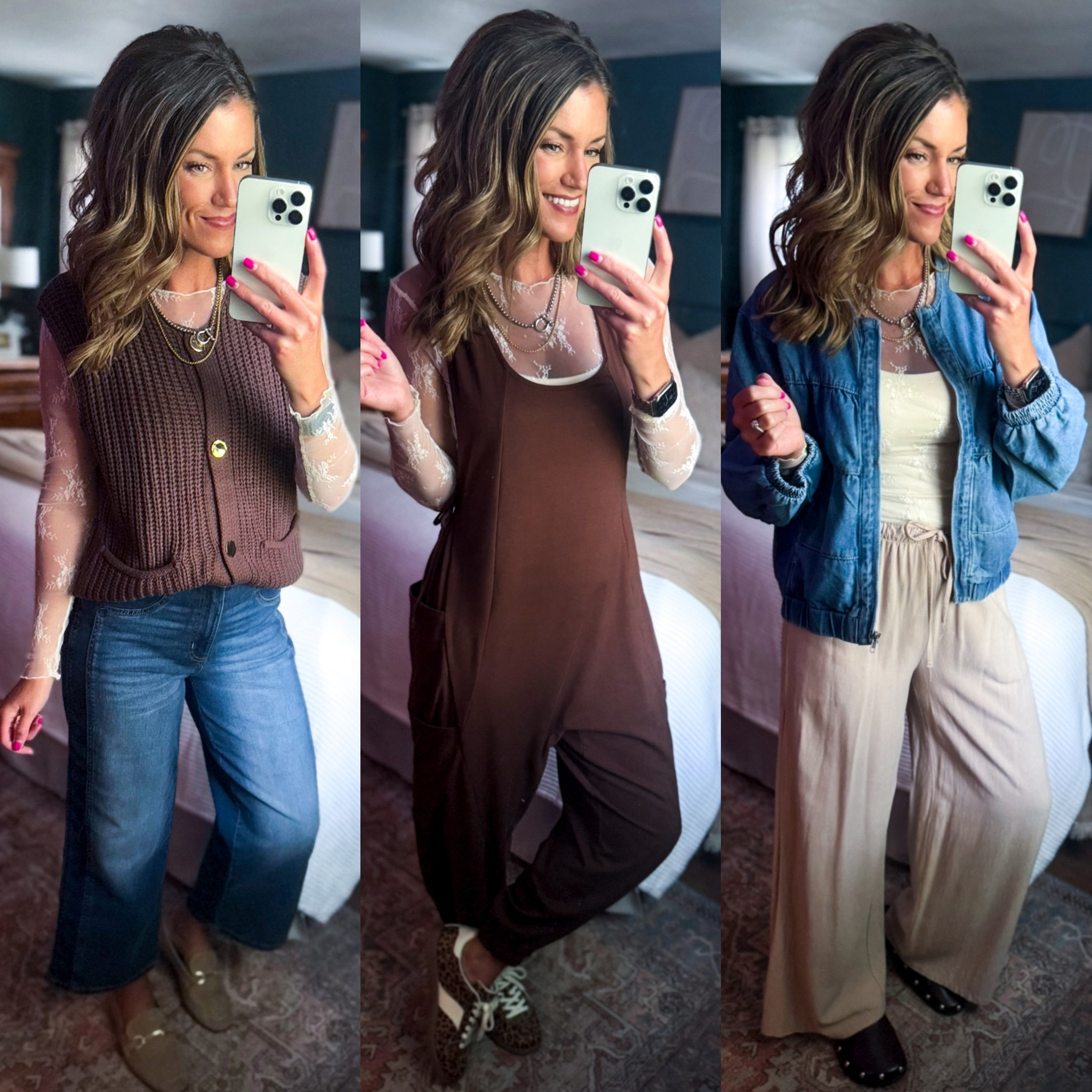 3 ways to style a lace top for Fall 🤎
Wearing size medium in lace top. 
Brown sweater/ small (runs big)
Jeans/ 6
Overalls/ medium (could do small)
Denim jacket/ small
Drawstring pants/ medium

#LTKSeasonal #LTKStyleTip
