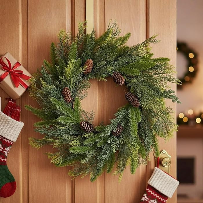 24 Inch Mixed Cypress Leaf Wreath, Real Touch Wreath,Artificial Green Cedar Pine Wreaths with Pin... | Amazon (US)