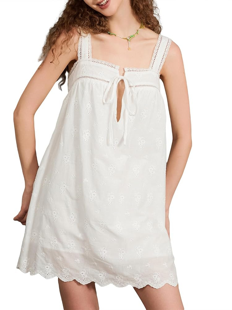 Women Lace Trim Mini Dresses Fly Sleeve Bowknot Fairy Flowy Babydoll Dress Summer Fashion Y2K Sol... | Amazon (US)