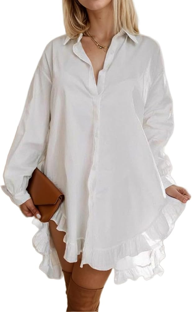 Women's Long Sleeve Button Down Shirt Plus Size Lapel Collar Irregular Ruffles Hem Shirts Casual ... | Amazon (US)
