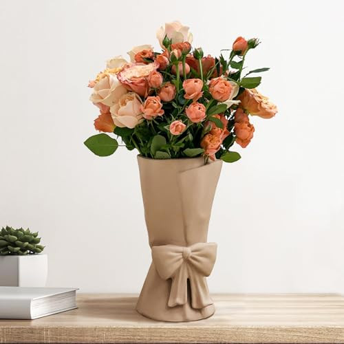 Relexome Beige Ceramic Vase Unique Cute Bow Decorative Bouquet Flower Vases, 9.64in Large Modern Dried Flowers Tulips Branches Vase for Home Living Room Table Decor Women Girl Gifts | Amazon (US)