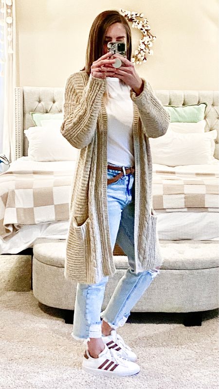 Just a cozy cute outfit at home! This cute duster cardigan is super cozy and it’s perfect for styling up some of my favorite basics to wear! White tshirt | ankle jeans | distressed jeans | tall girl fashion | tall women fashion | work from home fashion | comfy cozy home outfit | adidas grand court sneakers | lululemon love tshirt | Amazon finds | Amazon fashion

#LTKGiftGuide #LTKmidsize #LTKCyberWeek