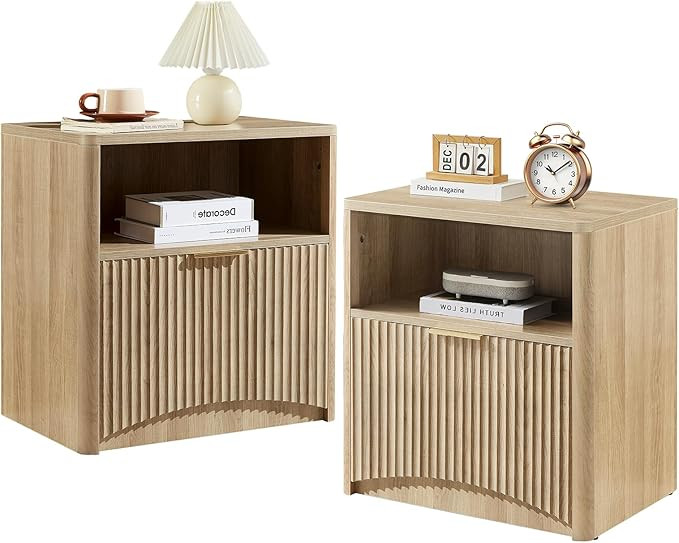 Fluted Nightstand Set of 2, Natural Oak Bedside Table with Drawer and Storage, Wood End Table Mid... | Amazon (US)