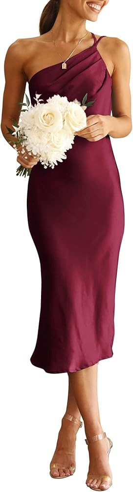PRETTYGARDEN Women's Midi Satin Dress One Shoulder Spaghetti Strap Backless Ruched Summer Bodycon... | Amazon (US)