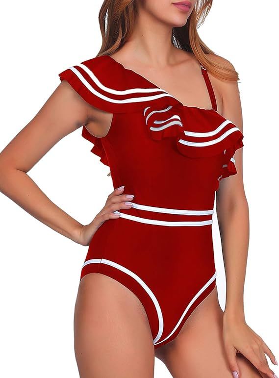 One Shoulder Swimsuits for Women & One Piece Nave Vintage Swimsuits Bathing Suits Ruffle High Wai... | Amazon (US)