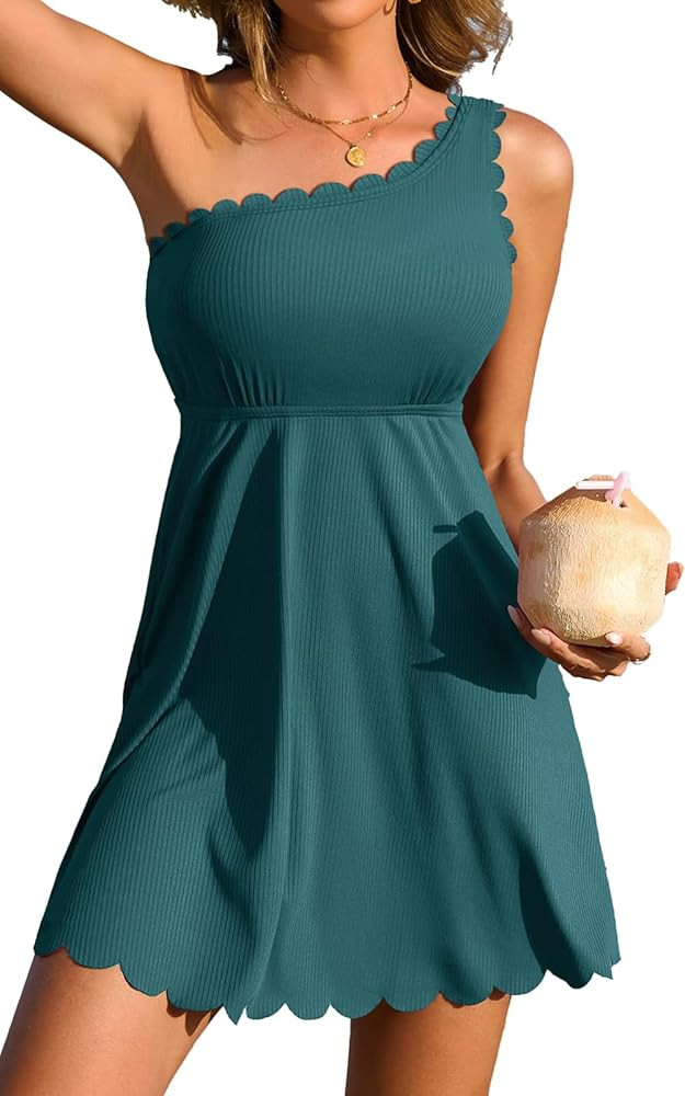 Charmo Ribbed One Shoulder Swim Dress Scalloped Tummy Control Swimsuits for Women Swimwear Built-... | Amazon (US)