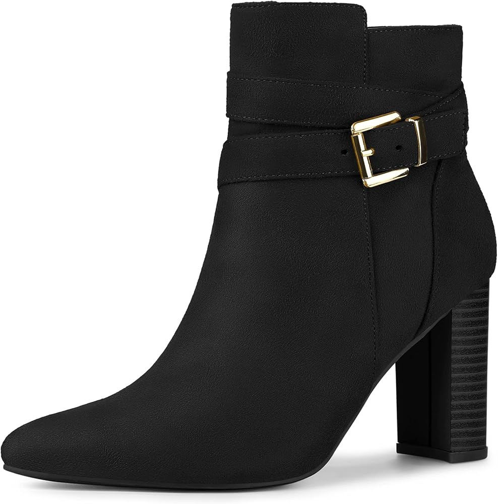 Allegra K Women's Pointed Toe Buckle Decor Chunky Heel Ankle Boots | Amazon (US)