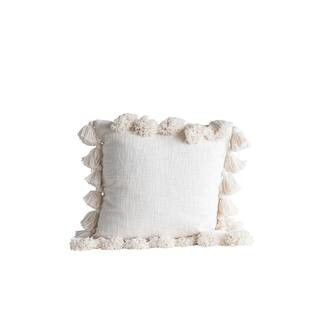 Luxurious Cream Square Cotton Woven Slub Pillow with Tassels | The Home Depot