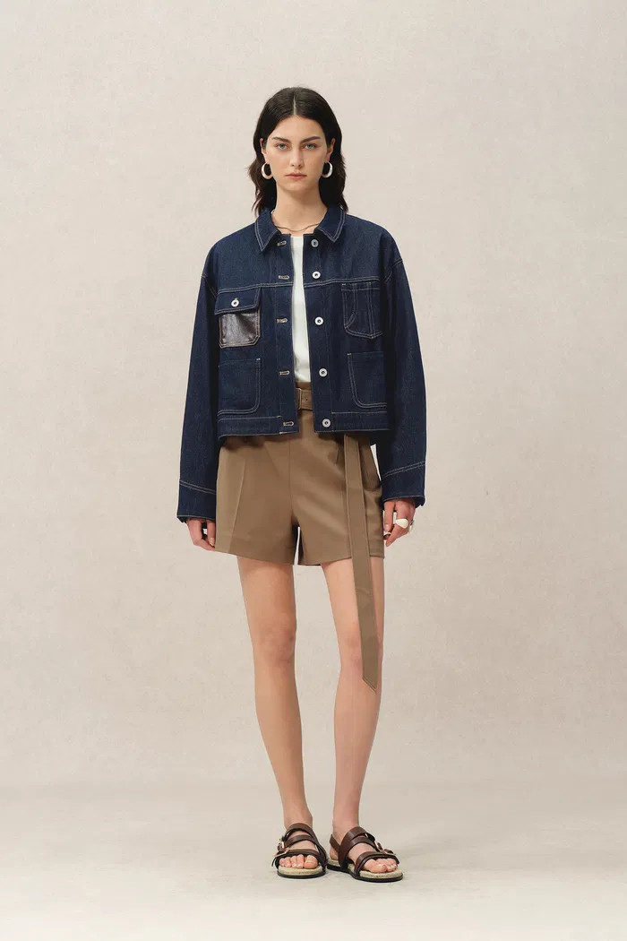 Maya Leather Patchwork Jacket in Raw Tencel Denim | Fabrique