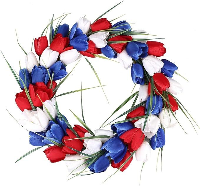H&W American Flag Floral Wreath Patriotic Tulip Silk Memorial Day & 4th of July Wreaths, 15'' Red... | Amazon (US)