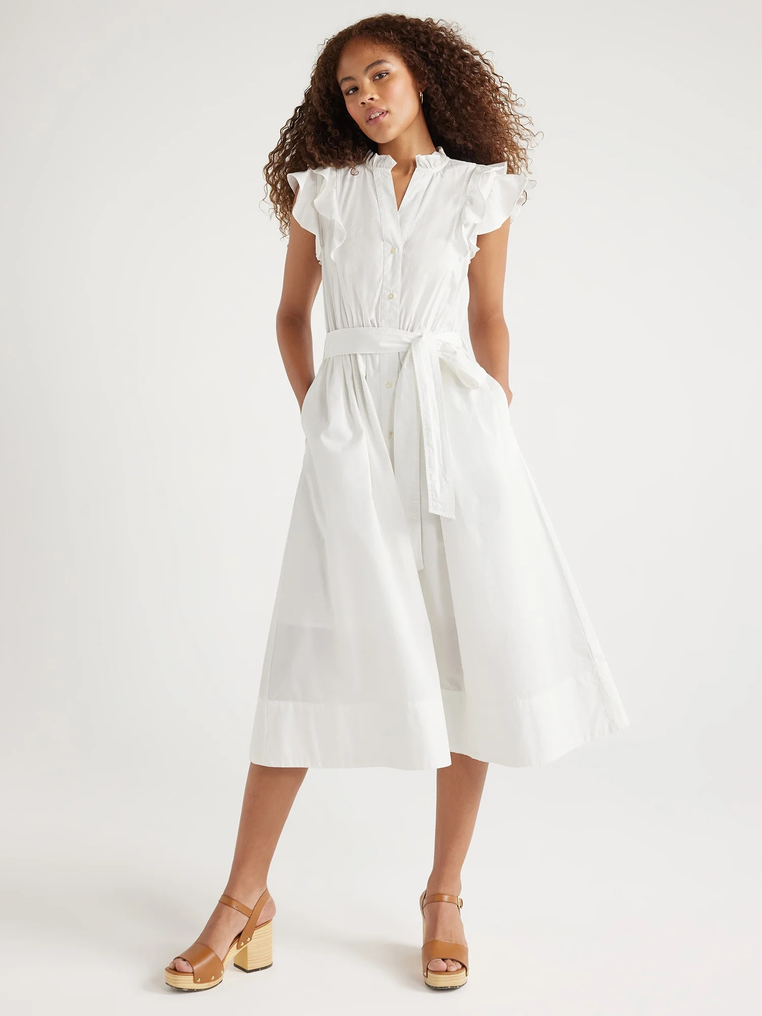 Free Assembly Women's Cotton Ruffle Neck Maxi Shirtdress, Sizes XS-XXL | Walmart (US)