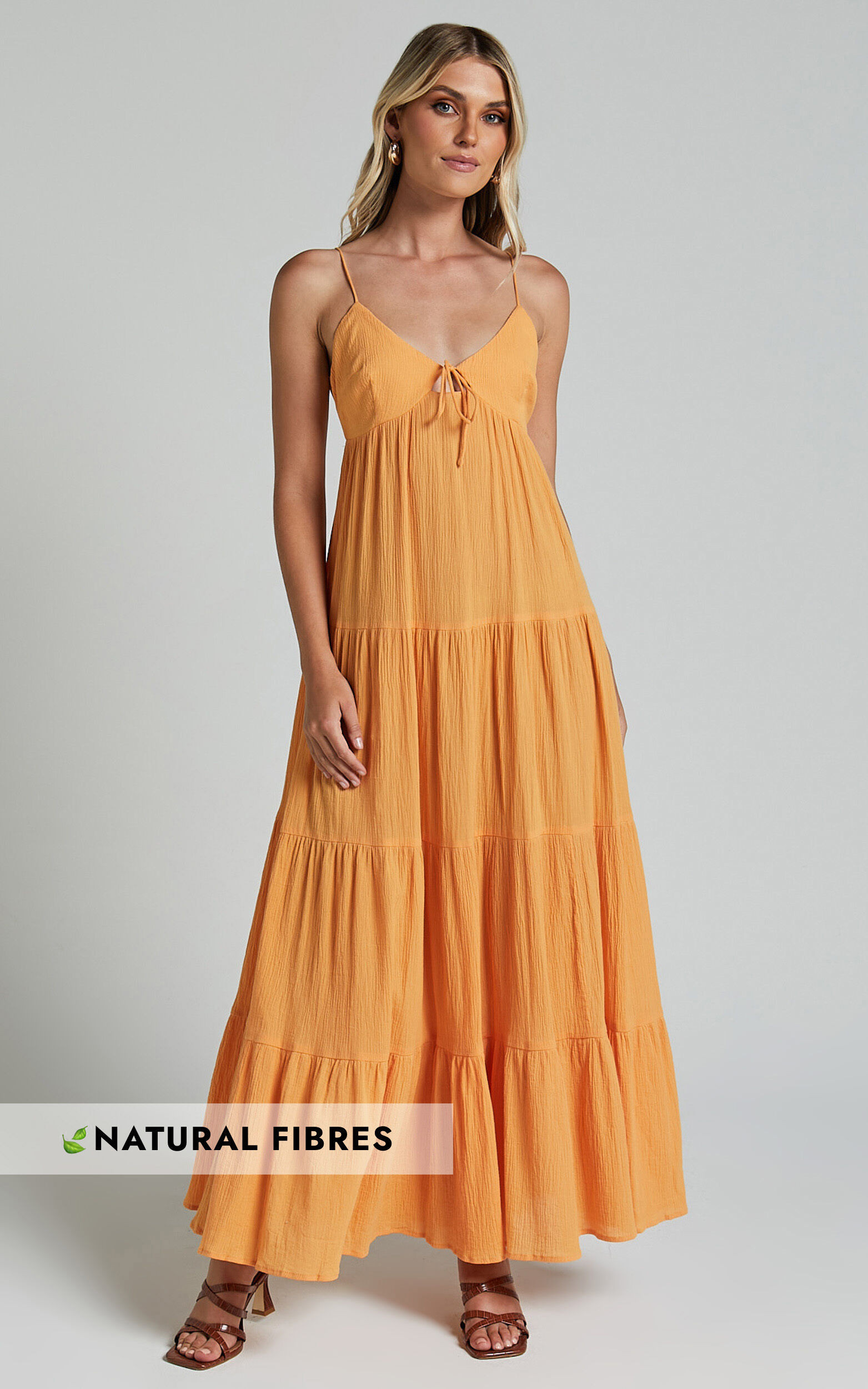 Chila Maxi Dress - Strappy Tie Front Low Back Tiered in Papaya Orange | Showpo (US, UK & Europe)