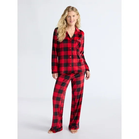 Joyspun Women’s Stretch Velour Notch Collar Long Sleeve Pajama Set, Sizes XS to 4X | Walmart (US)