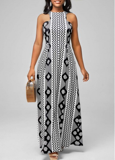 Bib Neck Geometric Print Black Dress | Rosewe.com - USD $35.98 | rosewe.com