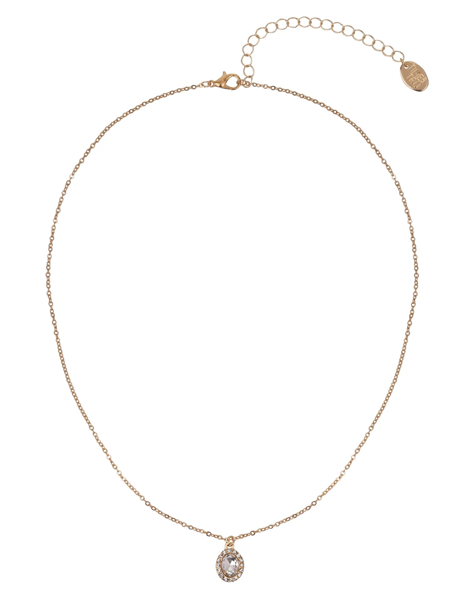 Time and Tru Adult Women's Gold Tone Oval Halo Crystal Delicate Metal Pendant Necklace | Walmart (US)