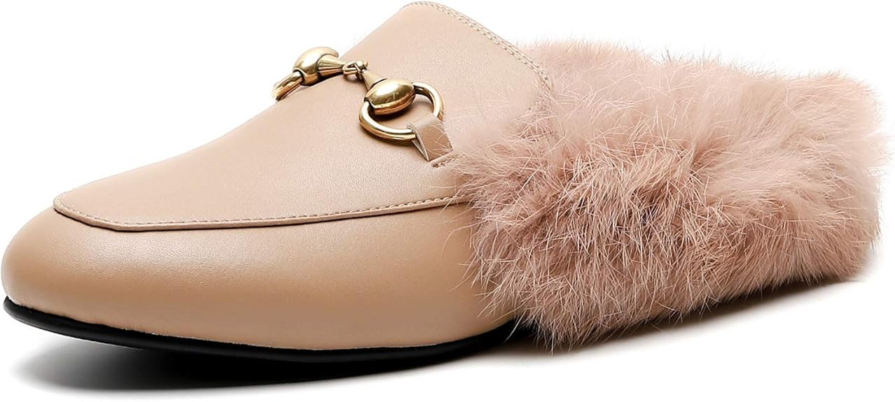 Comfity Mules for Women, Womens Leather Slip On Mule Flats Embroidery Loafers Backless Rabbit Hai... | Amazon (US)
