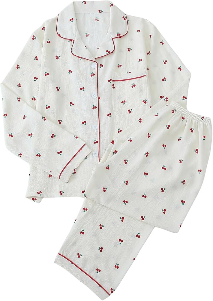 Verdusa Women's 2 Piece Pajama Sets Cute Pj Set Printed Sleepwear Lounge Sets Long Sleeve Button ... | Amazon (US)