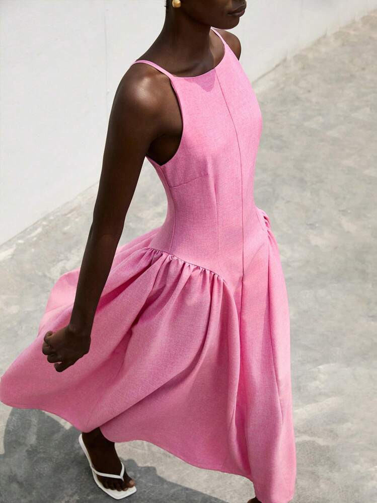 Aveloria Modichic Elegant Off Shoulder Sleeveless Tie-Waist Pleated Flare Dress With Ruffled Dress, Ethereal Fabric Texture, Suitable For Party | SHEIN