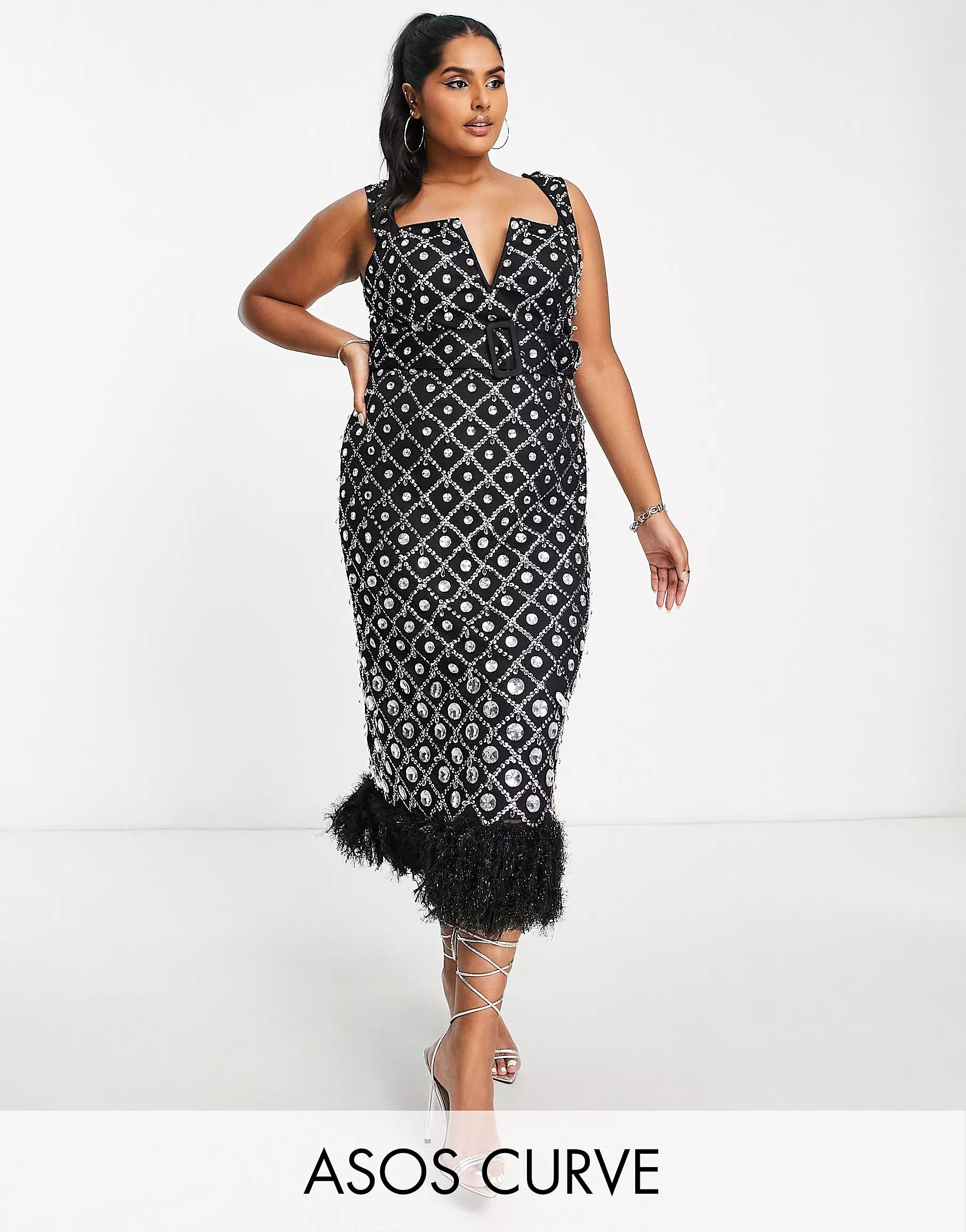 ASOS LUXE Curve v neck square grid embellished midi dress with feather trim in black and silver | ASOS (Global)