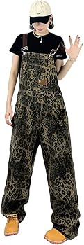 COOLMONAR Women's Y2K Leopard Print Jeans Overall Chic Streetwear Baggy Wide Leg Jumpsuit Retro H... | Amazon (US)
