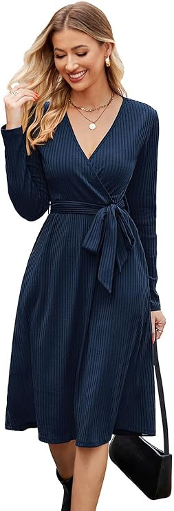 Newshows Womens 2024 Fall Sweater Dress Long Sleeve Business Casual Outfits V Neck Ribbed Knit Be... | Amazon (US)