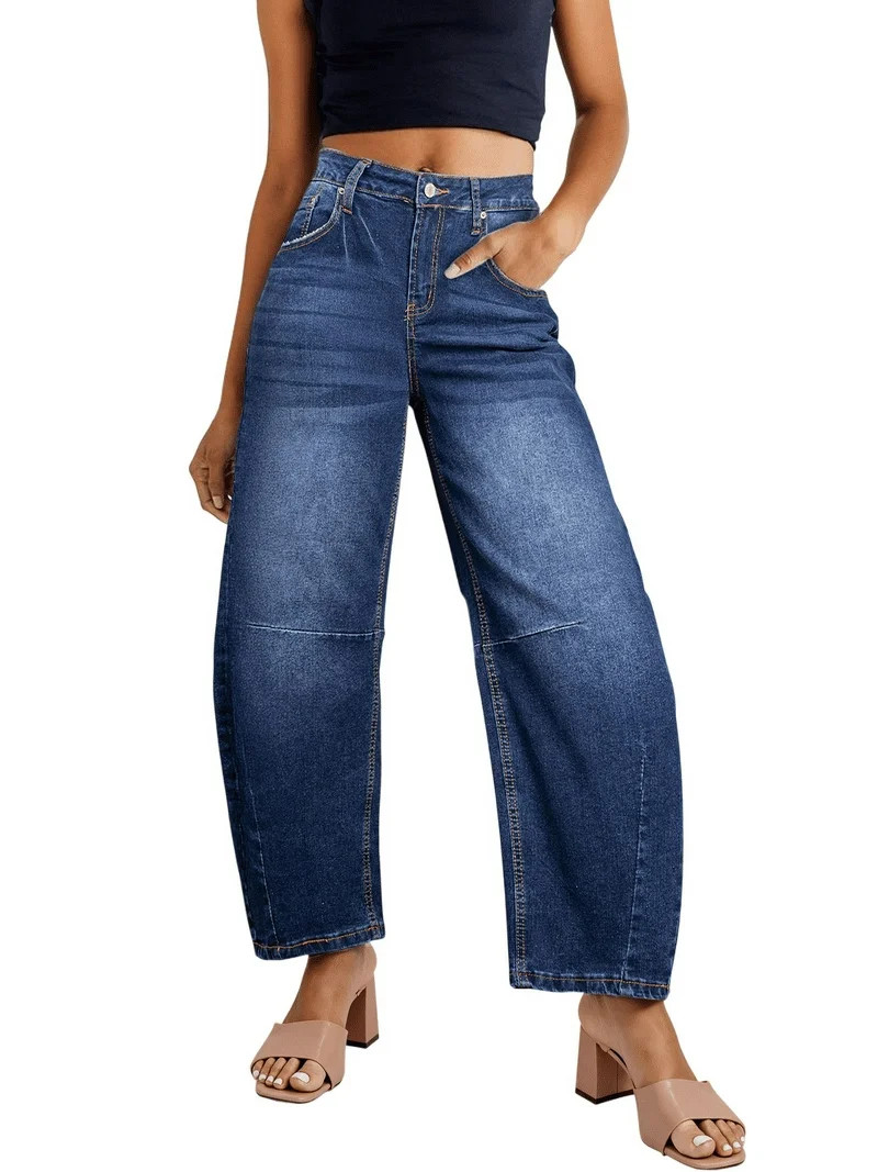 DOKOTOO Women's Barrel Jeans Wide Leg Vintage Mid Rise Y2k Baggy Boyfriend Ankle Denim Pants Blue... | Walmart (US)