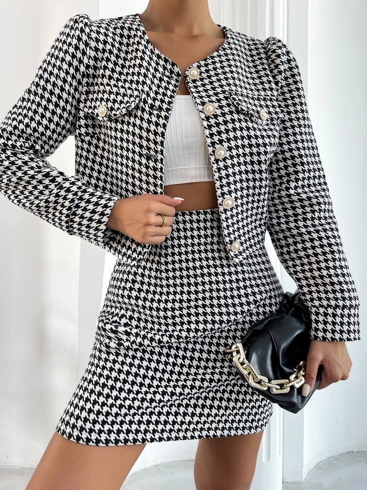 Houndstooth Print Flap Detail Coat & Skirt | SHEIN