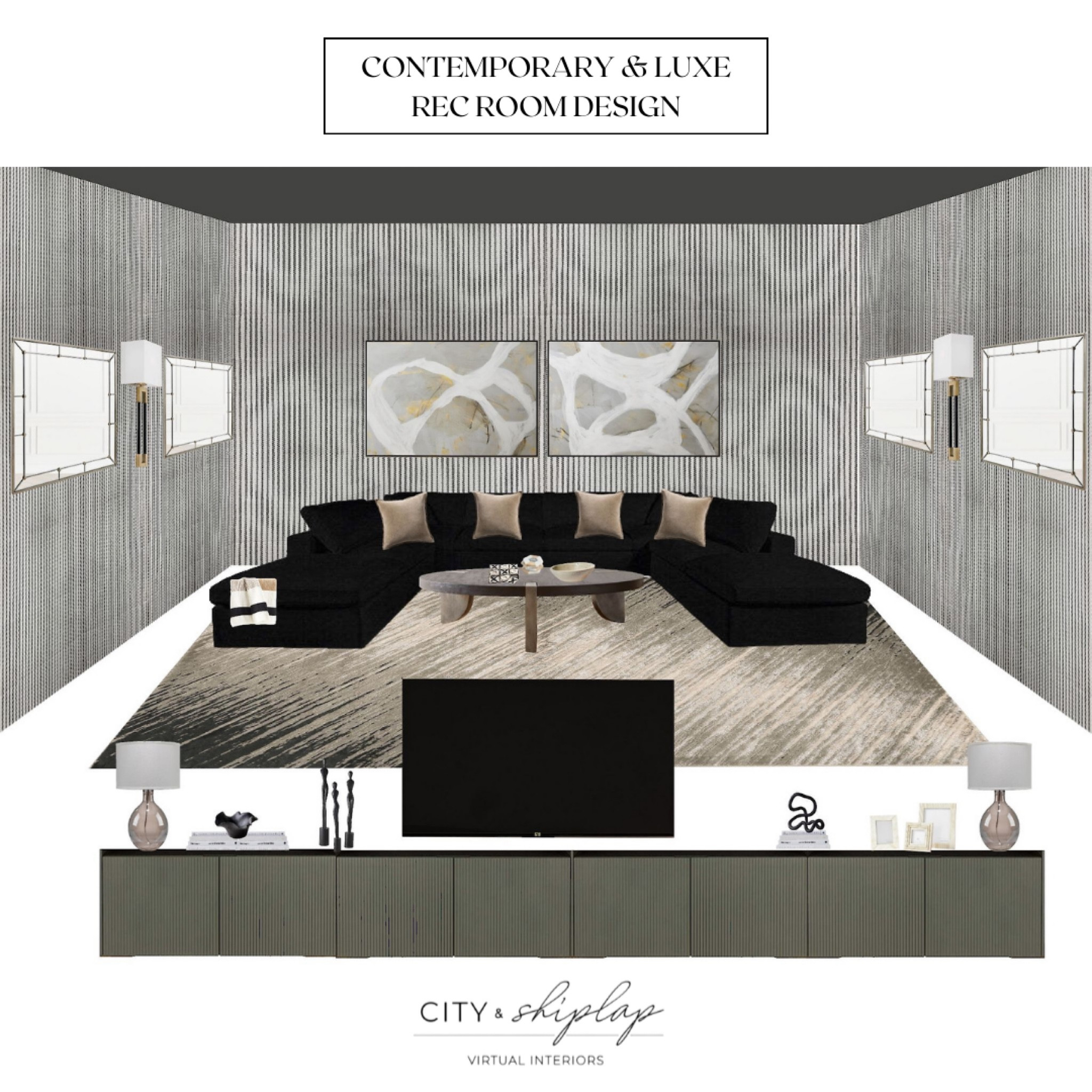 Contemporary & luxe rec room design inspo! The wall art and console lamps are from Z Galleries.
Movie room, living room, modern home, neutral home decor, moody home, industrial 

#LTKStyleTip #LTKHome