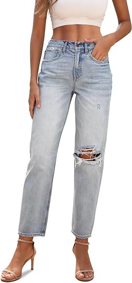 OFLUCK Women's High Waisted Boyfriend Jeans,Distressed Ripped Stretch Cropped Jeans | Amazon (US)