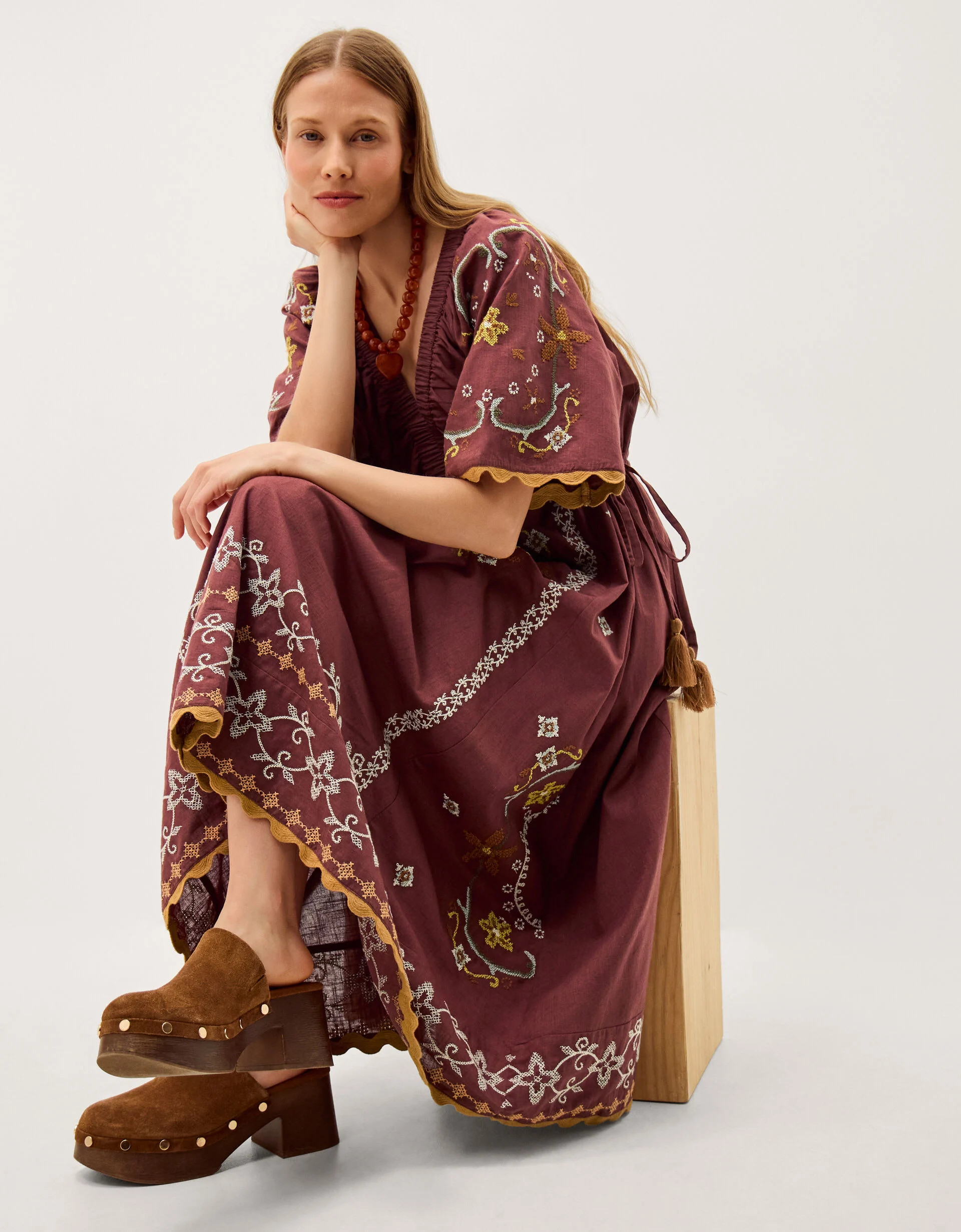 Greta Short Sleeve Embroidered Midi Dress Brown | Monsoon (UK)