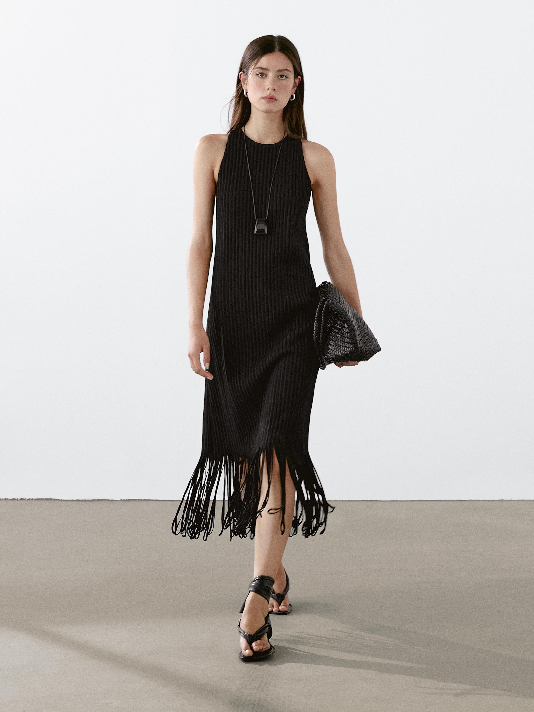 Textured knit dress with fringed hem | Massimo Dutti UK