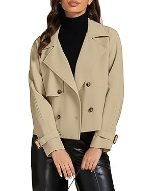 luvamia Cropped Trench Coat for Women Long Sleeve Double Breasted Notched Lapel Casual Loose Fit ... | Amazon (US)