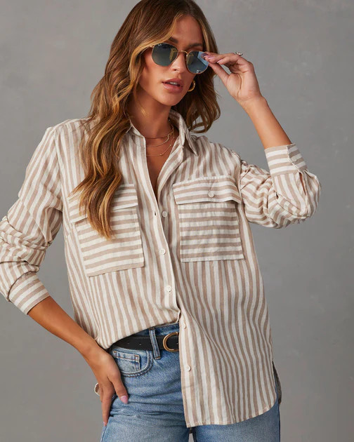 Greenport Cotton Blend Striped Button Down Top - Taupe | VICI