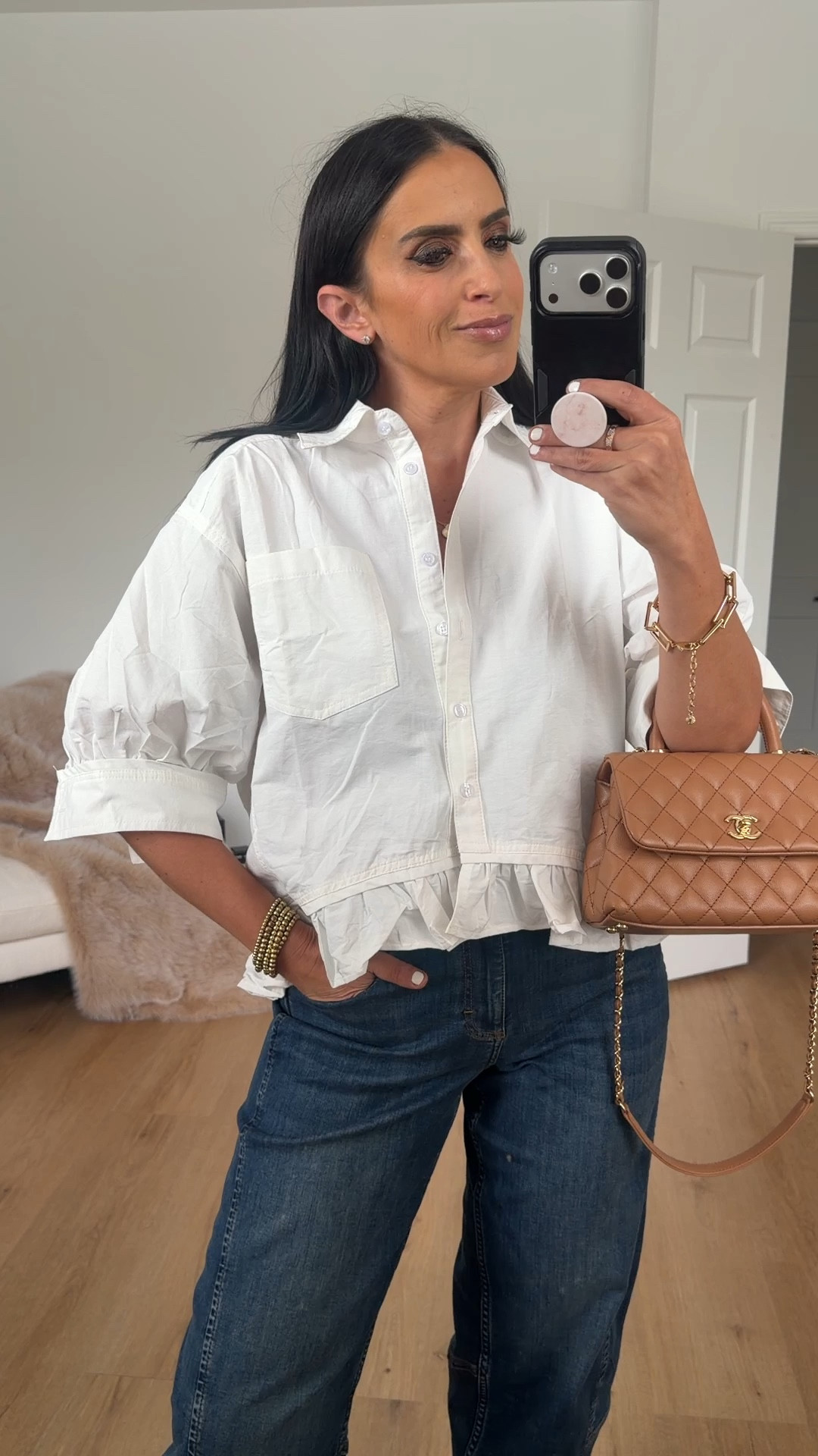 Dressy Casual Blouse Top with short ruffled sleeves
Any size, Multiple Colours
The Ultimate Barrel Leg Jeans 