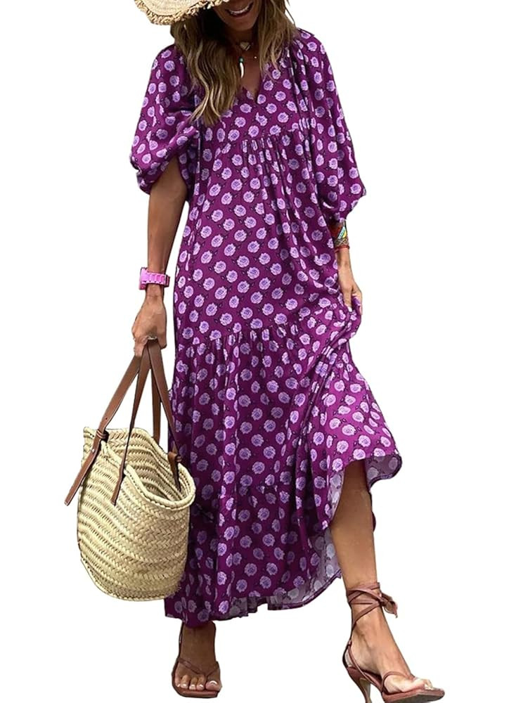 miduo Womens Loose Fit Casual Summer V Neck Half Sleeve Bohemian Geometric Pattern Maxi Long Dres... | Amazon (US)